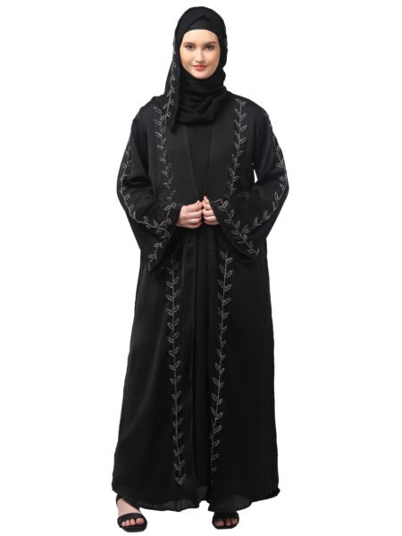 Nazneen  Both front shoulder to bottom , Sleeves and Hijab Hand Embroidered with inner Cardigan Style Abaya with Hijab