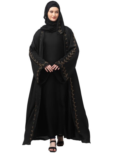Nazneen Both front shoulder to bottom , Sleeves and Hijab Hand Embroidered with inner Cardigan Style Abaya with Hijab