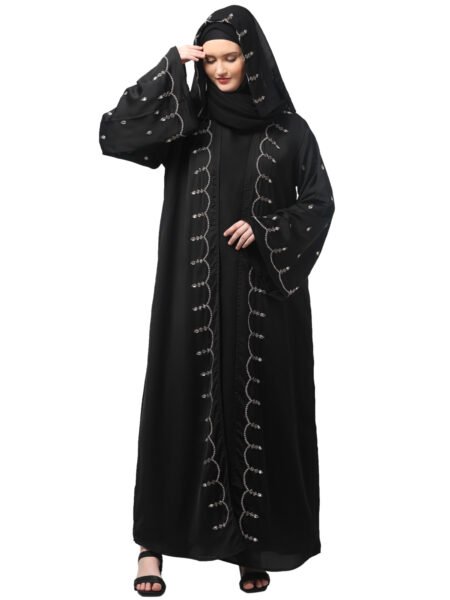Nazneen Both front shoulder to bottom , Sleeves and Hijab Stone Hand Embroidered with inner Cardigan Style Abaya with Hijab