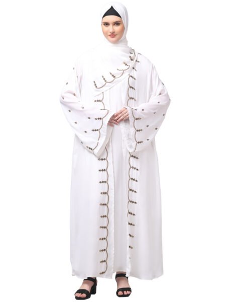 Nazneen  Both front shoulder to bottom , Sleeves and Hijab Stone Hand Embroidered with inner Cardigan Style Abaya with Hijab