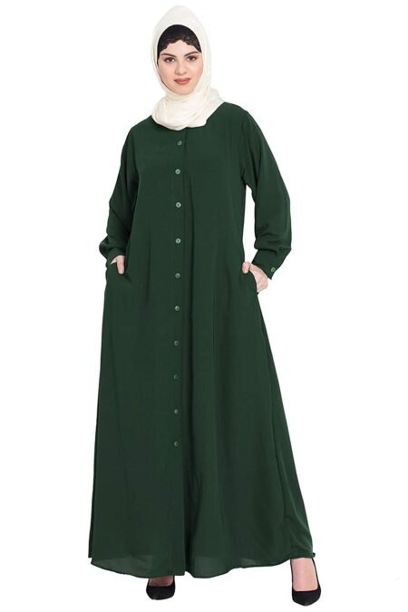 Nazneen Halal Fashion Front Open Abaya with Side Pocket – Bottle Green