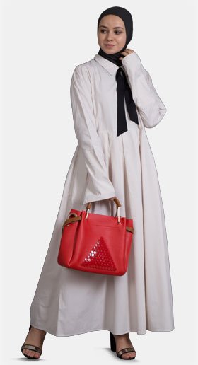Elegant Cream Collared A-Line Abaya with Contrast Neck Tie