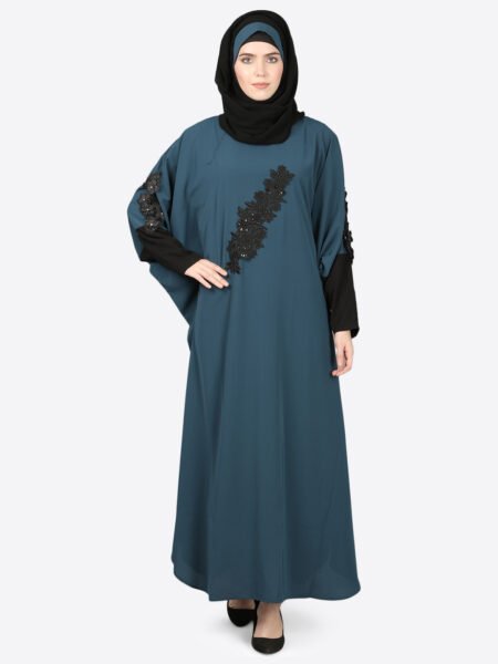 Nazneen Elegant Patchwork Contrast-Cuff Teal Kaftan