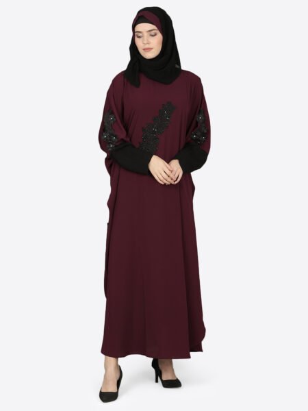 Nazneen Elegant Patchwork Contrast-Cuff Wine Kaftan