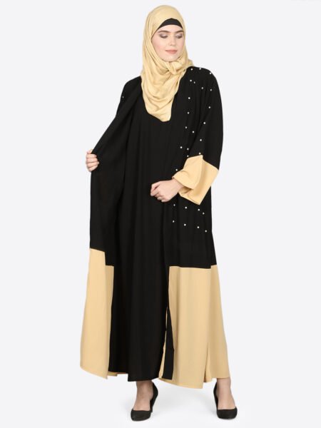 Nazneen Luxury Contrast-Bottom and Pearl-Beaded Dubai Kaftan with Inner Slip