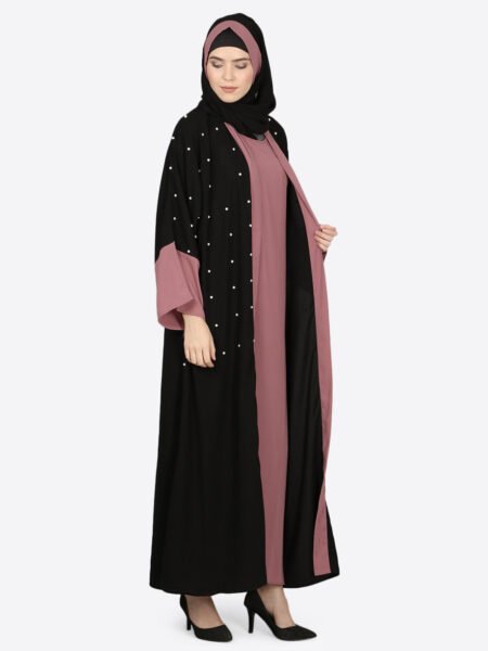 Nazneen Luxury Contrast-Detail and Pearl-Beaded Dubai Kaftan with Inner Slip