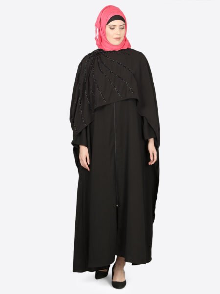 Elegant Black Cape-Style Abaya with Radiant Beaded Detailing