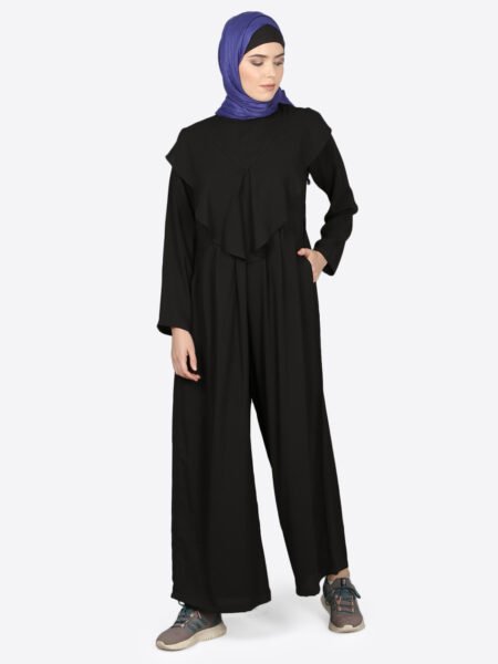 Chic Black Frill-Front Jumpsuit Abaya