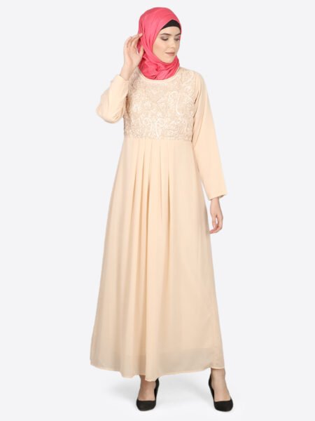 Elegant Beige Embellished Pleated Abaya