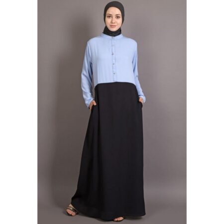 Chic Two-Tone Pastel Blue and Black Button-Down Abaya