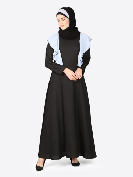 Elegant Black Abaya with Pastel Blue Ruffled Detail