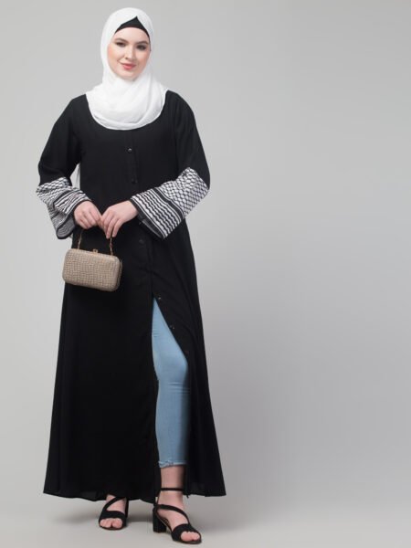 Nazneen Keffiyeh Printed Sleeve Front Open Abaya with Hijab