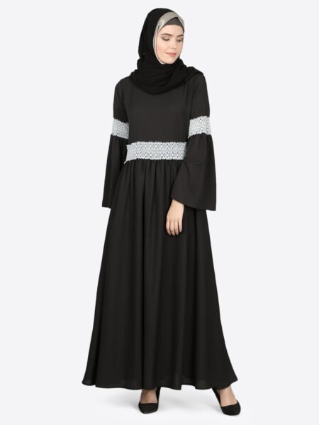 Classic Black Abaya with Delicate Lace Waist and Sleeve Detailing