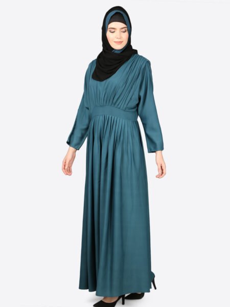 Chic Teal Pleated Casual Abaya