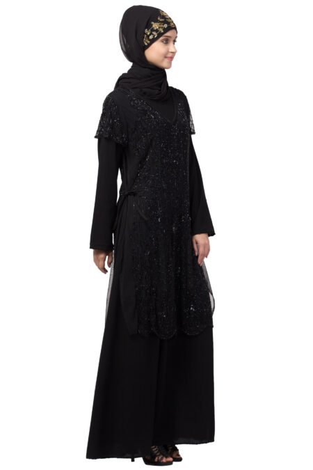Nazneen Two-Piece Fully Beaded Party Abaya – Black Net & Premium Nida