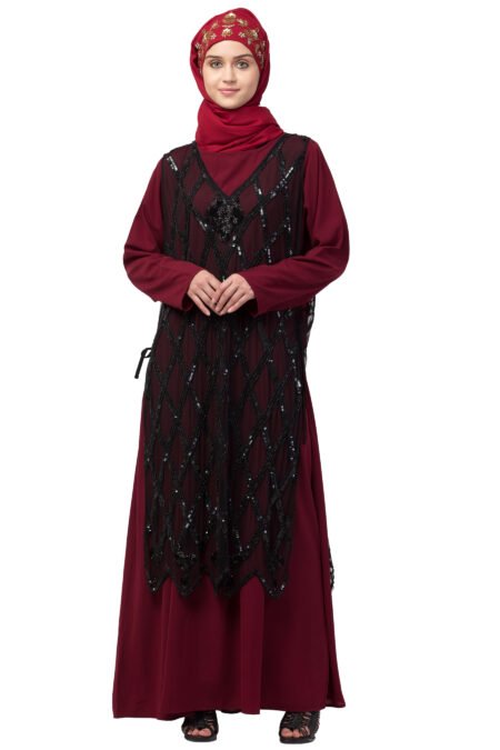 Nazneen Two-Piece Diamond-Cut Fully Beaded Party Abaya – Black Net & Maroon Nida