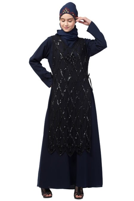 Nazneen Two-Piece Diamond-Cut Fully Beaded Party Abaya – Black Net & Navy Nida