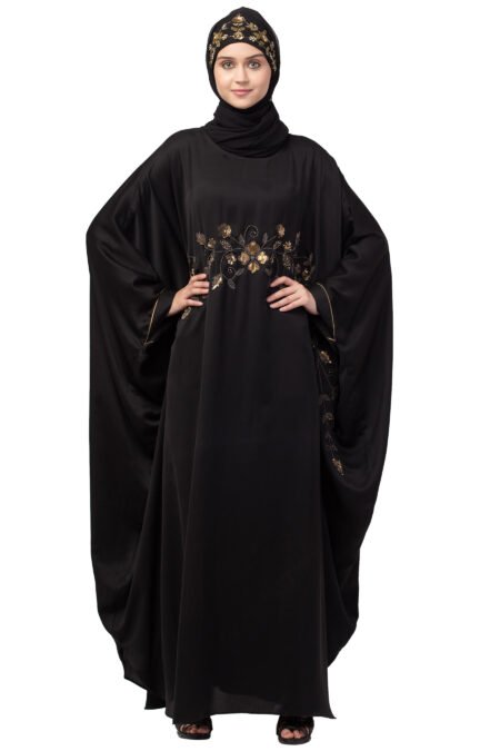 Premium Nazneen Antique Brass Hand-Embroidered Nida Kaftan – Classic Black