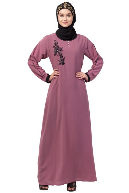 Nazneen Side Embroidered Abaya with Contrast Piping – Mauve Pink & Black