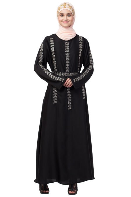 Premium Nazneen 360° Hand-Embroidered A-Line Abaya with Belt – Classic Black
