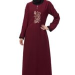 Nazneen Center Embroidered Abaya with Contrast Piping – Maroon & Black - S
