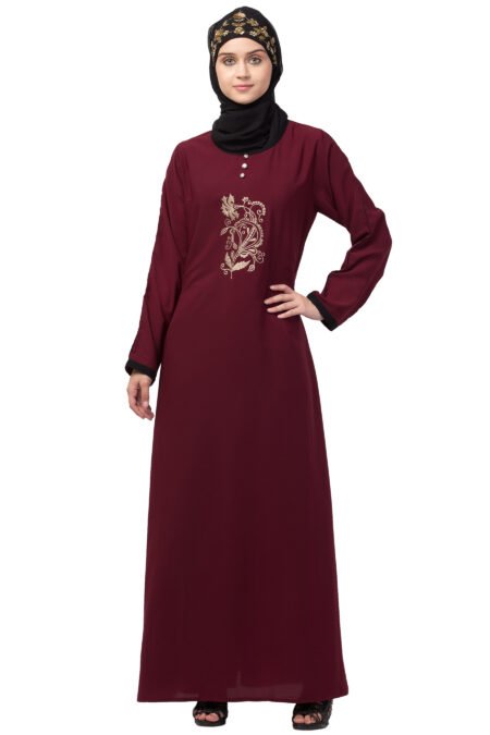 Nazneen Center Embroidered Abaya with Contrast Piping – Maroon & Black