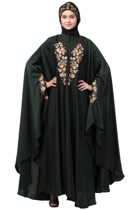 Premium Nazneen Neck & Sleeve Embroidered Irani Kaftan – Dark Green