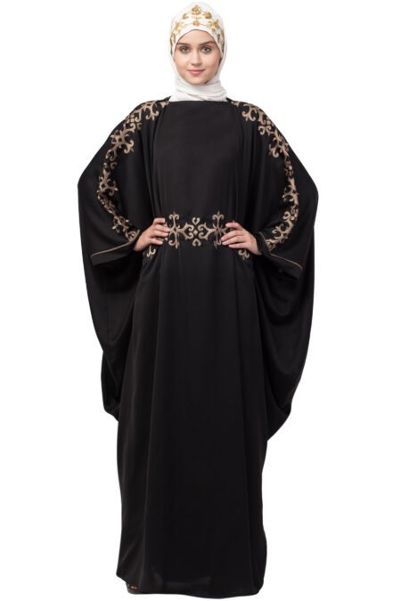 Premium Nazneen Waist & Sleeve Resham Embroidered Kaftan – Black & Gold