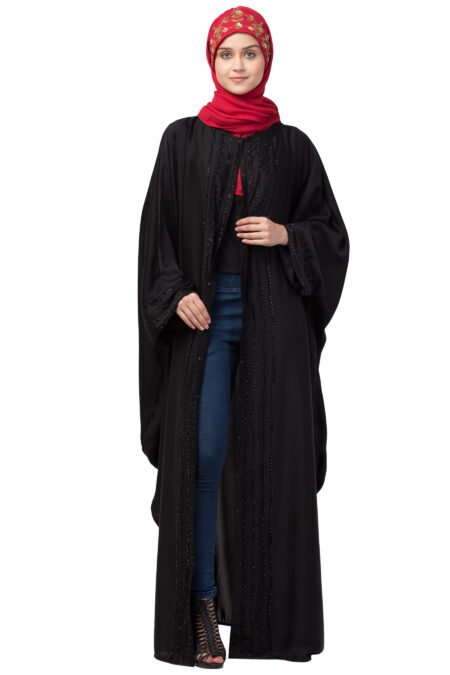 Premium Nazneen Hand-Embroidered Front-Open Kaftan – Classic Black