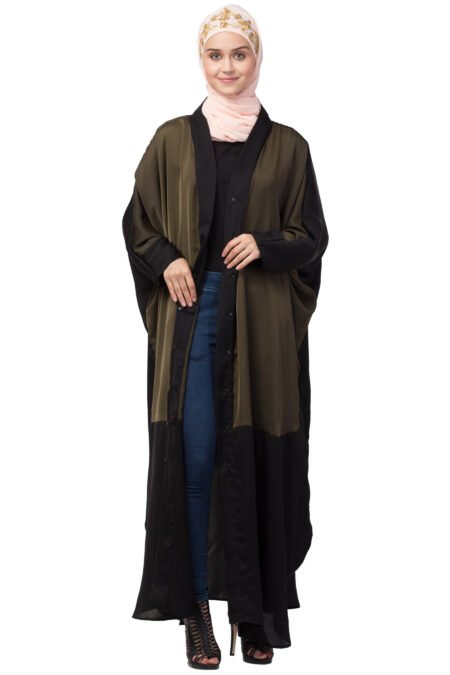 Premium Nazneen Two-Tone Front-Open Kaftan-cum-Abaya – Olive Green & Black