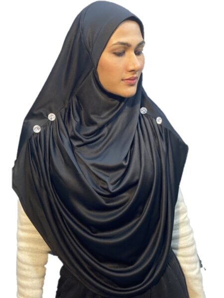Nazneen Front Gathered & Pleated Crystal Stone Ready-to-Wear Prayer Hijab – Black