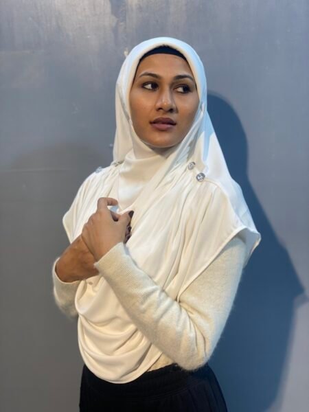 Nazneen Front Gathered & Pleated Crystal Stone Ready-to-Wear Prayer Hijab – White