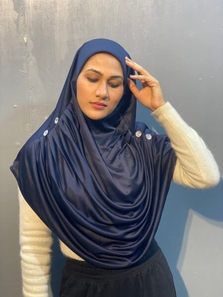 Nazneen Front Gathered & Pleated Crystal Stone Ready-to-Wear Prayer Hijab – Navy Blue