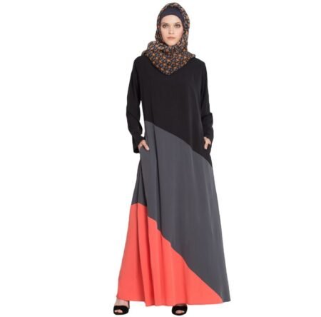 Modern Tri-Tone Color-Block Panel Abaya with Functional Pockets