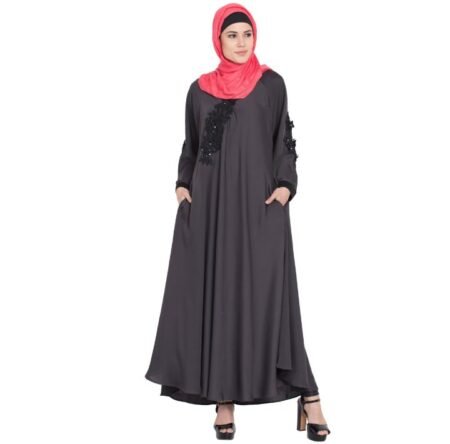 Sophisticated Charcoal Embellished Abaya with Detailed Lace Accents