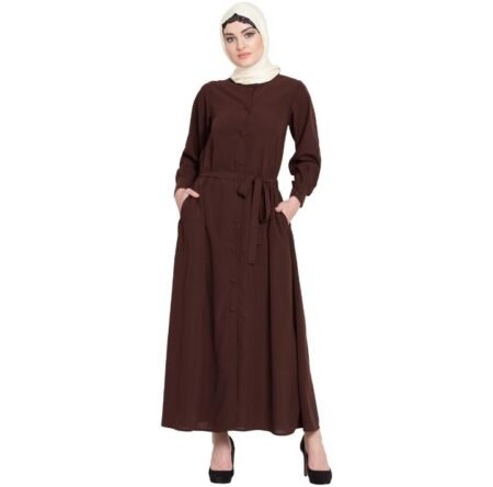 Classic Button-Down Chocolate Brown Abaya with Waist Tie