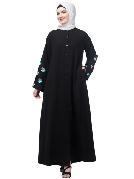Nazneen butterfly Sleeve Embroidered Front Open Abaya with Hijab