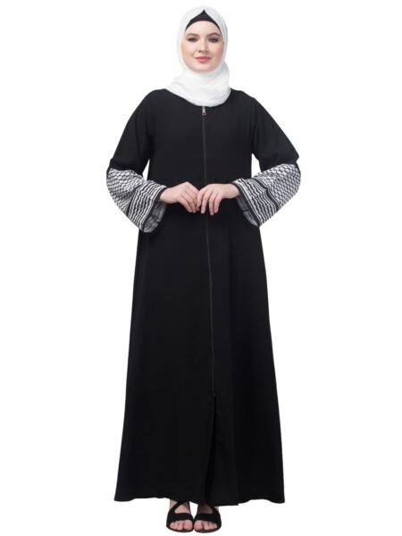 Nazneen Front open with  Zip Keffiyeh printed sleeve Abaya with Hijab